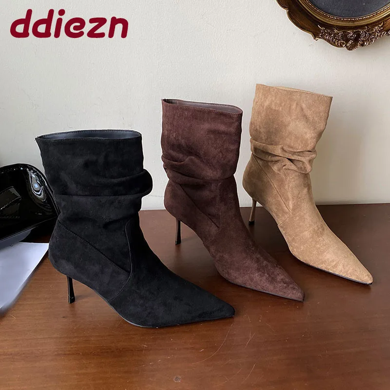 

Элегантные женские ботильоны на тонком каблуке, плиссированные модные женские короткие современные ботинки с острым носком, женские туфли-лодочки