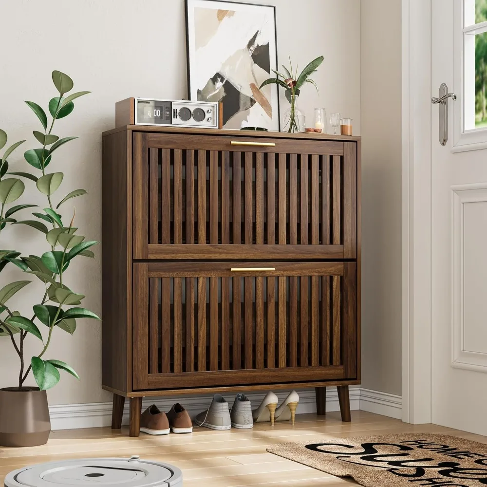 

Walnut Shoe Cabinet with 2 Flip Drawers for Entryway,Narrow Shoe Storage Cabinet with Solid Wood Leg,Freestanding Slim Shoe
