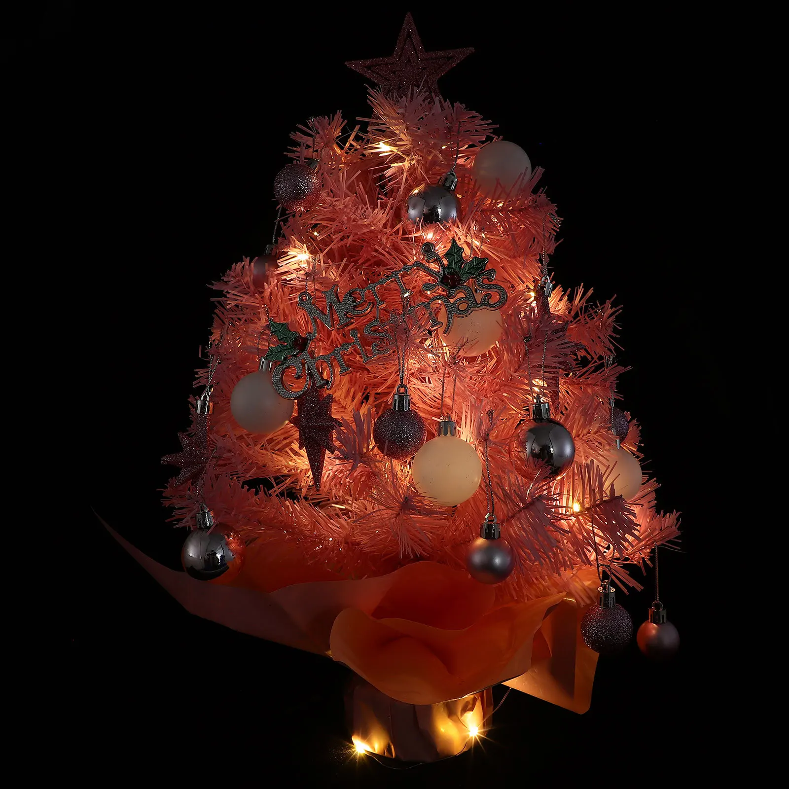 

Mini Christmas Tree Pink Artificial Prelit Tabletop Star Topper Ball Ornaments Small Indoor Holiday Decoration