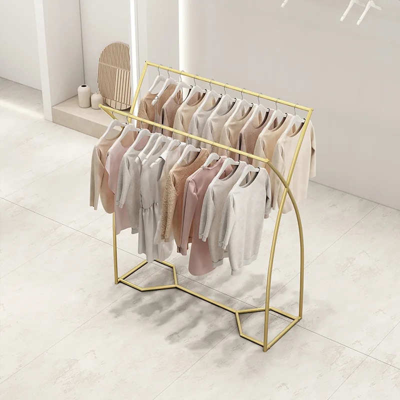 

Clothing store display rack Floor-to-ceiling hanger Simple double-row shelf Children's clothing Middle shelf Parallel bar side