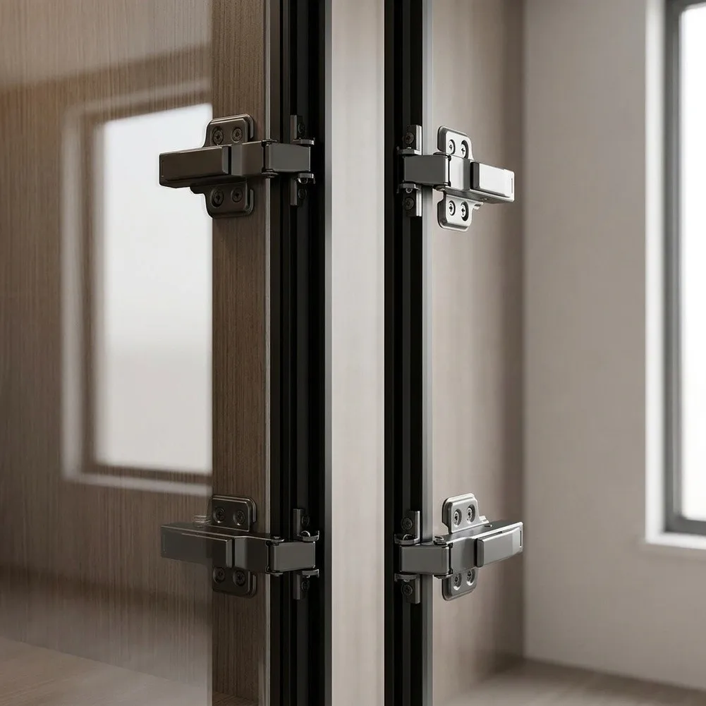 Aluminum Frame Hinge No Drill Glass Hinge Built In Damping Mechanism Smooth Silent Closing Robust Matte Black Finish