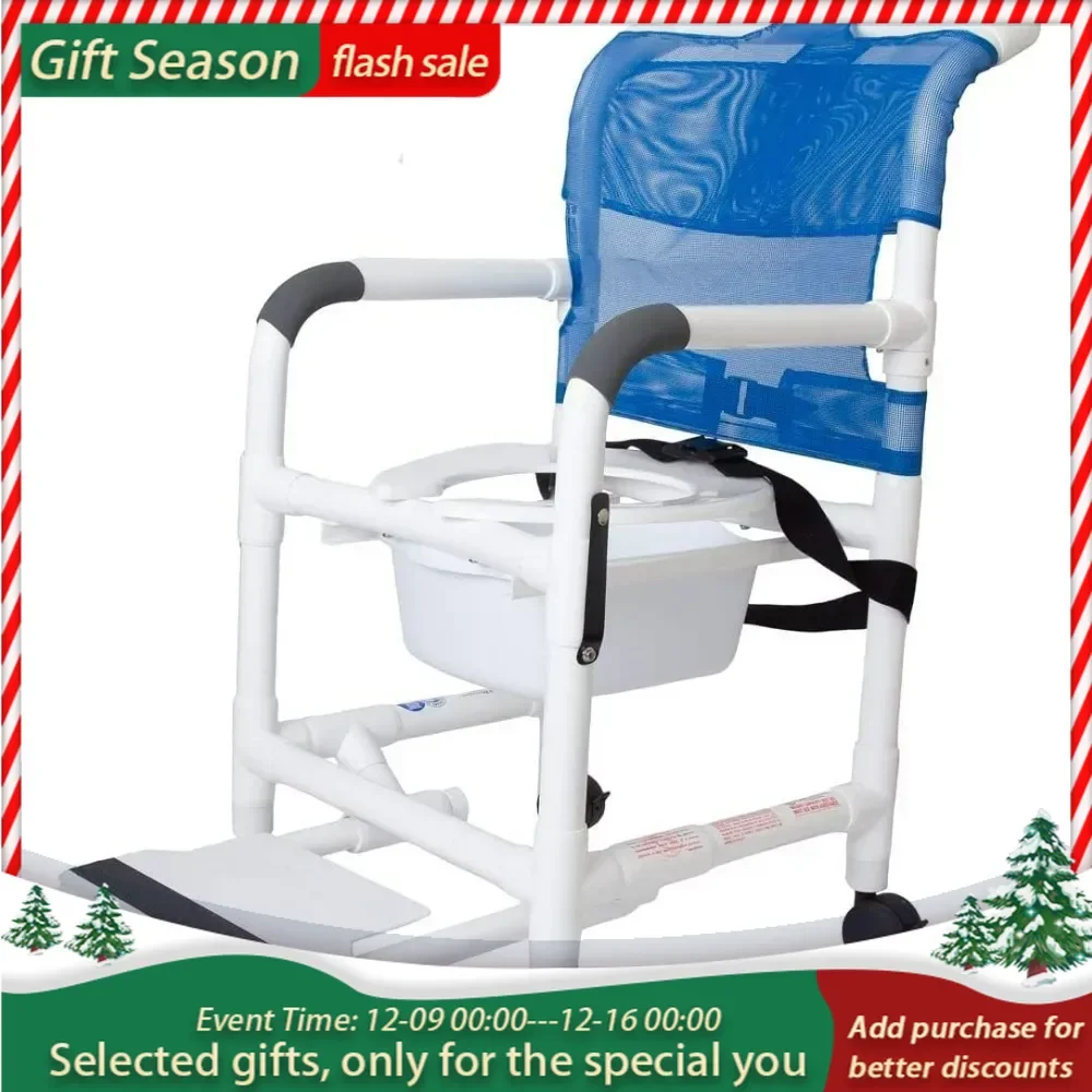 Rolling Shower Chair with Drop Arms, Mesh Seat, Locking Casters,  Slide Out Footrest and Commode Pail  Fits Over Standard Toilet