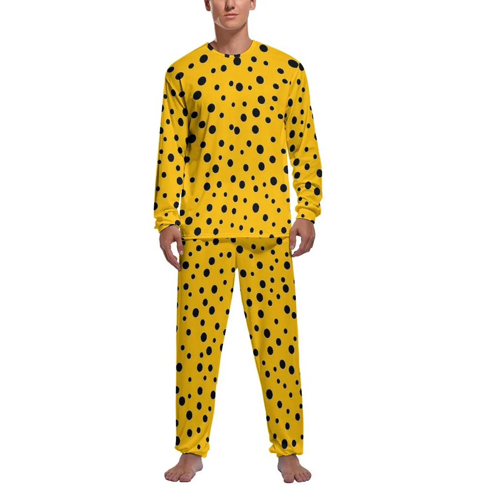 Yellow And Black Polka Dots Pajamas Autumn 2 Pieces  Trendy Pajama Sets Male Long Sleeve Aesthetic Design Sleepwear