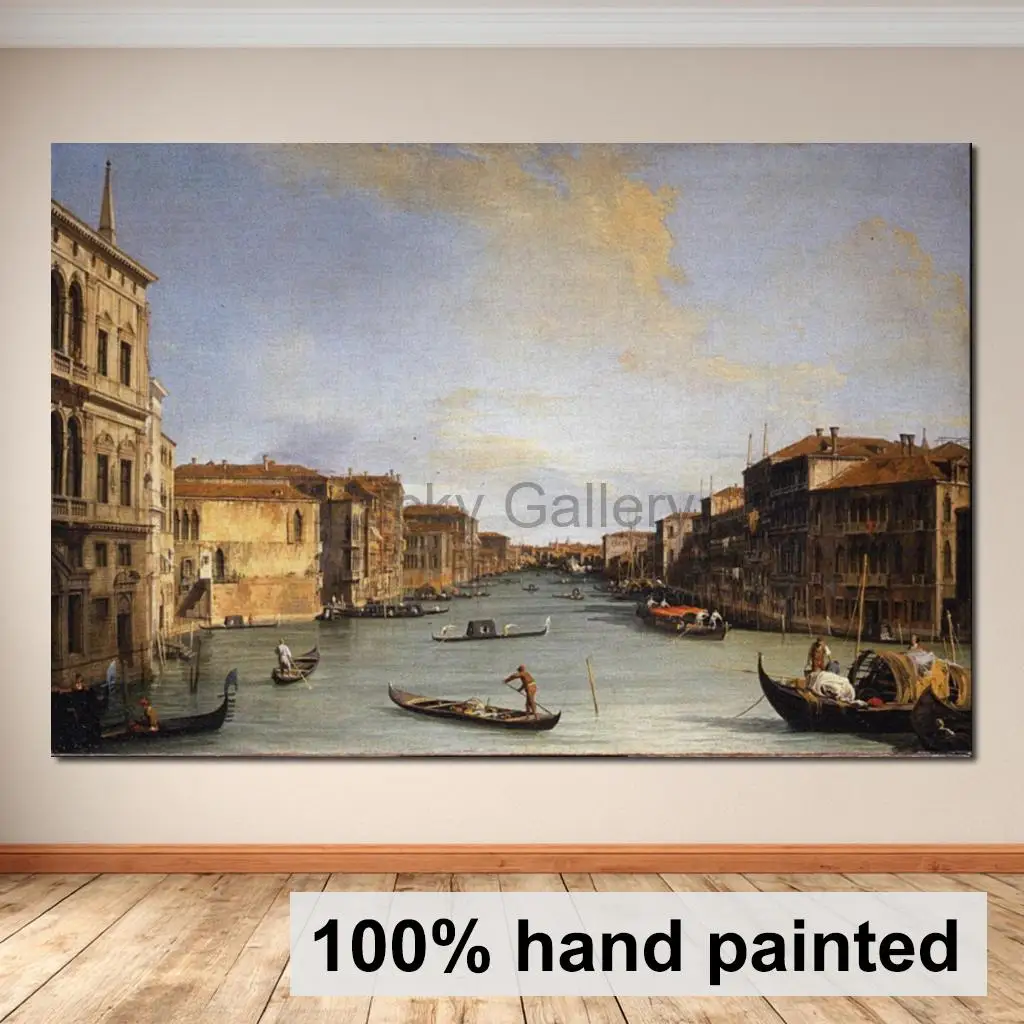 Großes Ölgemälde „Grand Canal“ von Canaletto, handgemalte Leinwand-Wandkunst, großes Landschaftsgemälde, traditionelle Dekoration für Bibliotheken