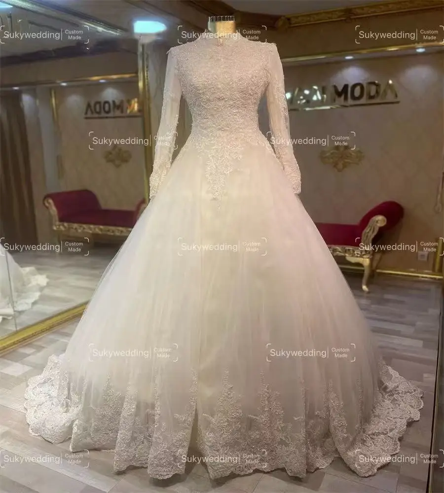 Vestidos de novia musulmanes elegantes, mangas largas, Apliques de encaje, cuello alto, vestidos de novia árabes islámicos con cordones en la espalda personalizados