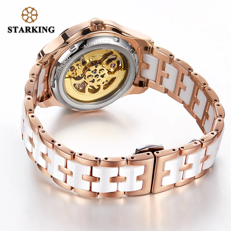 STARKING 34Mm Tự Động Dây Hoa Hồng Vàng Thép Không Gỉ Vogue Đầm Đồng Hồ Trong Suốt Dây Nữ Cơ Đồng Hồ Nữ