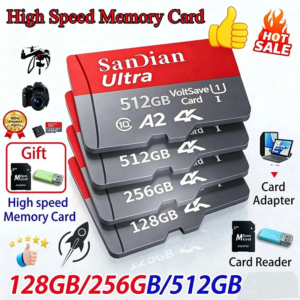 128GB Micro TF/SD Cards Class 10 High Speed SD Memory Card 256GB Memory Cards for Smartphone PC MAC Data Backup