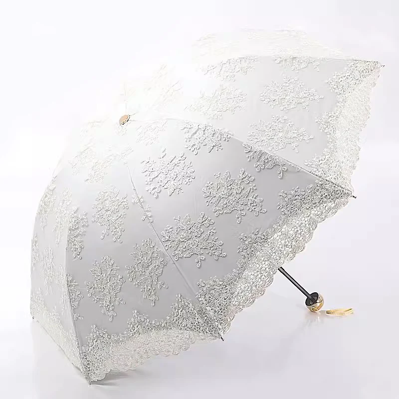 Lace Double Layer Sun Rain Umbrella Female Princess Rainproof Sunscreen Parasol Luxury Black Coating 3 Fold Compact Lightweight