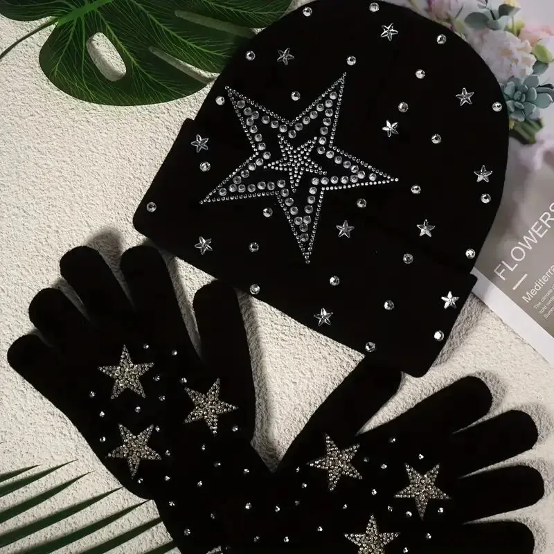 Autumn Inlaid Diamond Punk Style Gloves Hat Two-piece Set Y2K Subculture Trend Cool Star Elements Cold Hat Fashion Warm Hats