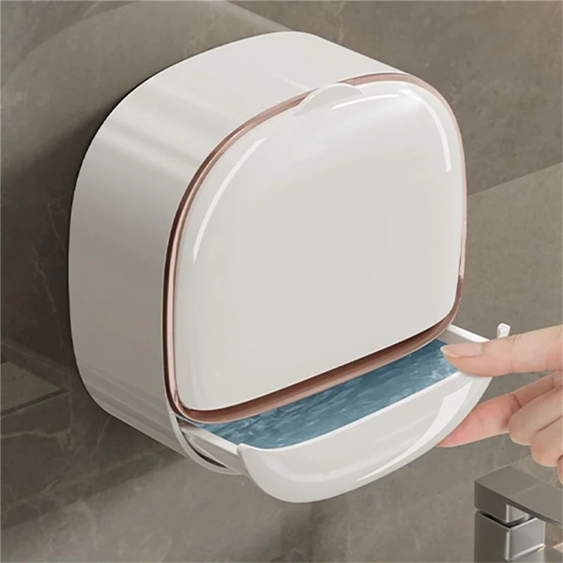 A47F-Luxury Soap Holder Soap Box With Drain Pan Soap Box With Lid Wall Mounted Drain Soap Box With Flip Lid
