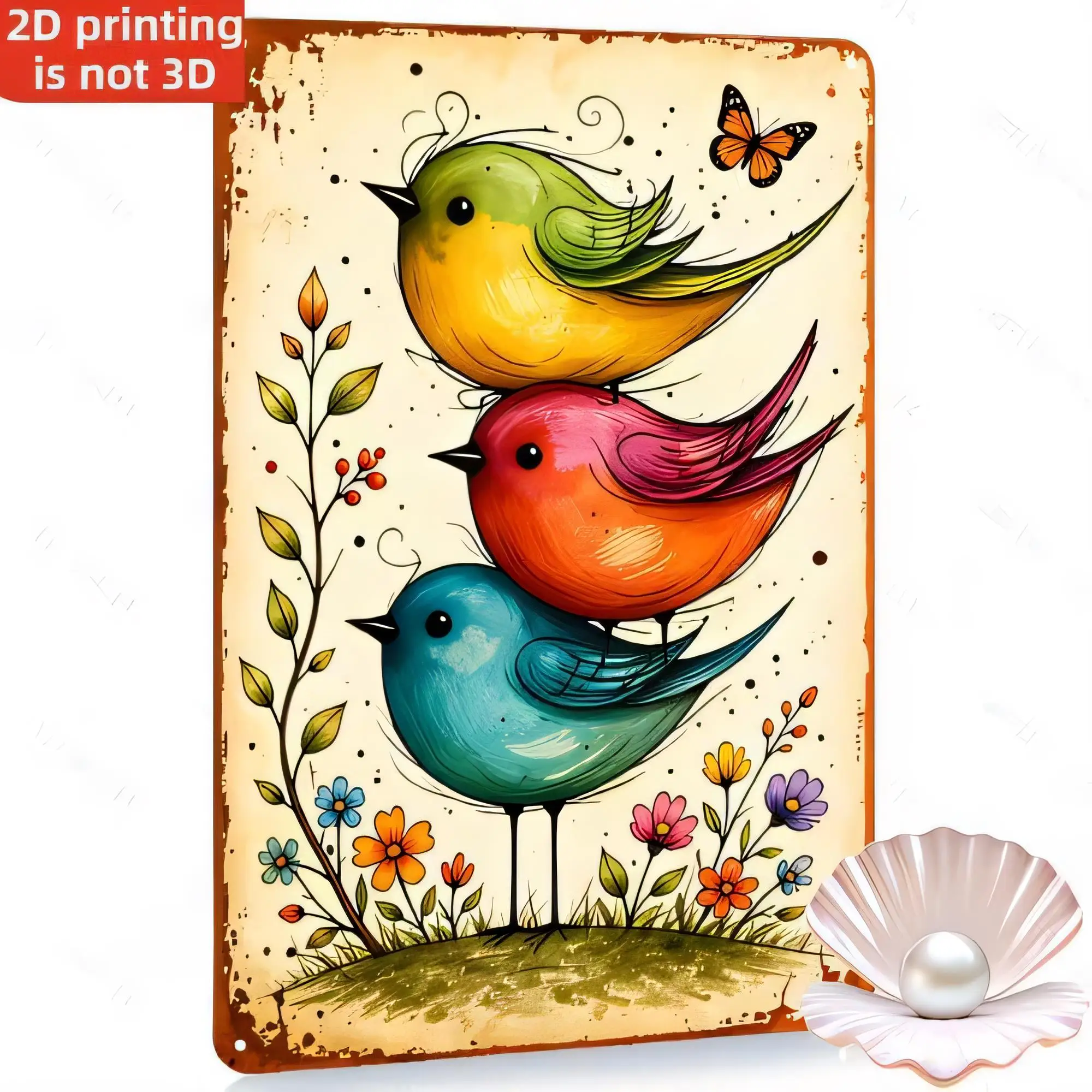 Tin Sign Birds Set 3 Colorful Singing Little Birds on Branch Vintage Retro Metal Plaque Wall Decor for Home Bar Cafe Garden Cott
