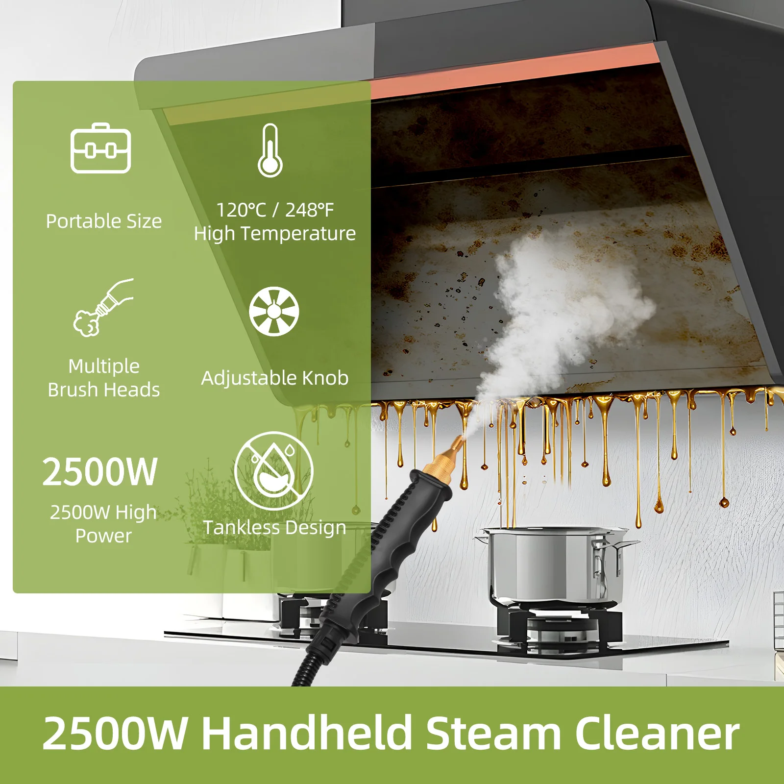 2500W Handheld Steam Cleaner Tankless High Temperature Handheld Self-control Steam Cleaning Machine with Sprayer/Brushes Head