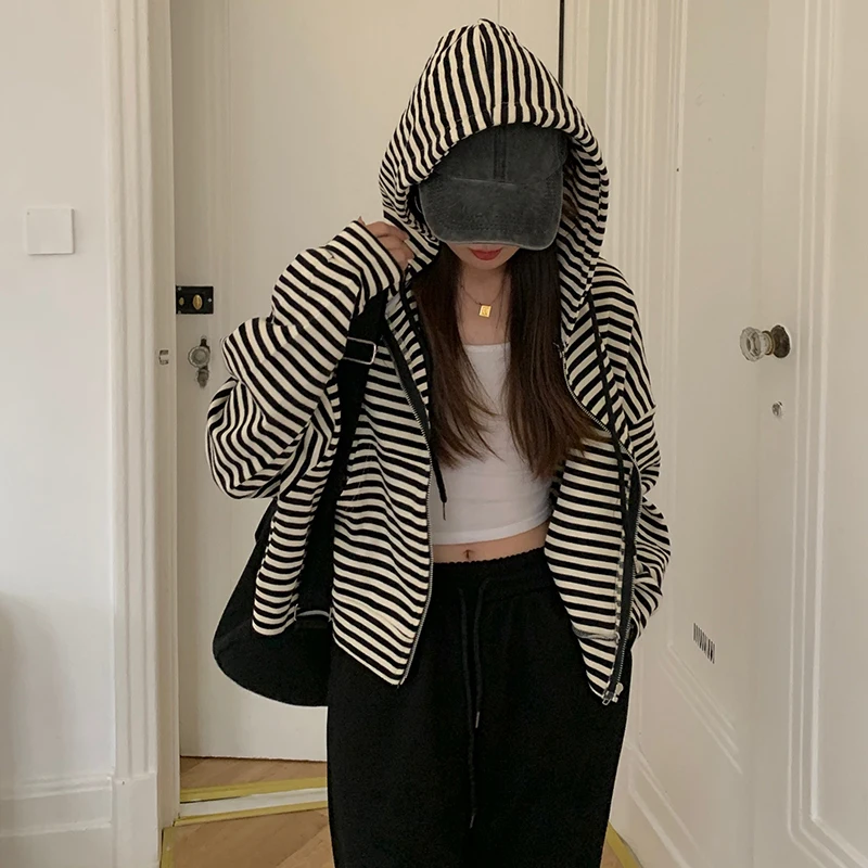 Loose Stripped Women Hooded Sweatshirts Simple All-match Long Sleeve Student Coats 2023 New Casual Straight Female Tops