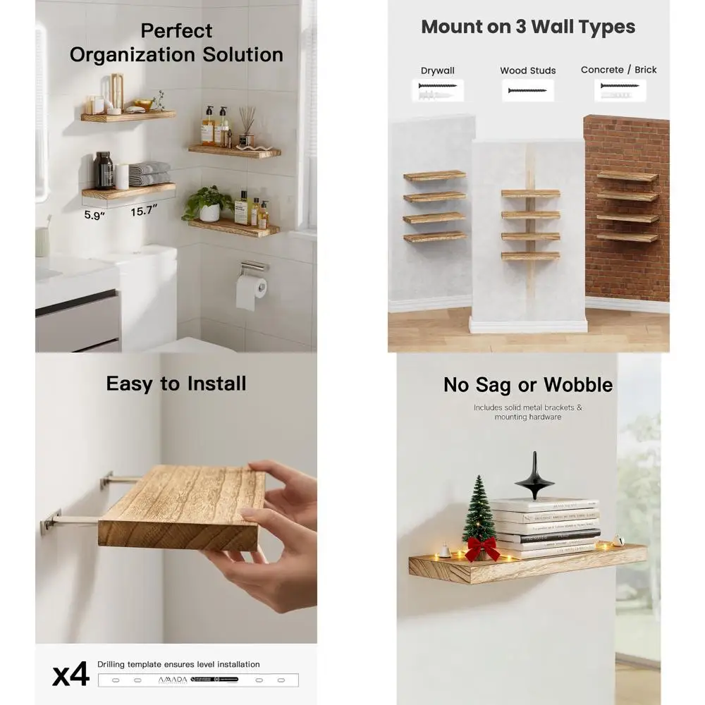 

Набор из 4 плавающих полок из дерева Paulownia, 15,75x5,91x0,98, для домашнего хранения и организации гостиной, спальни, кухни и