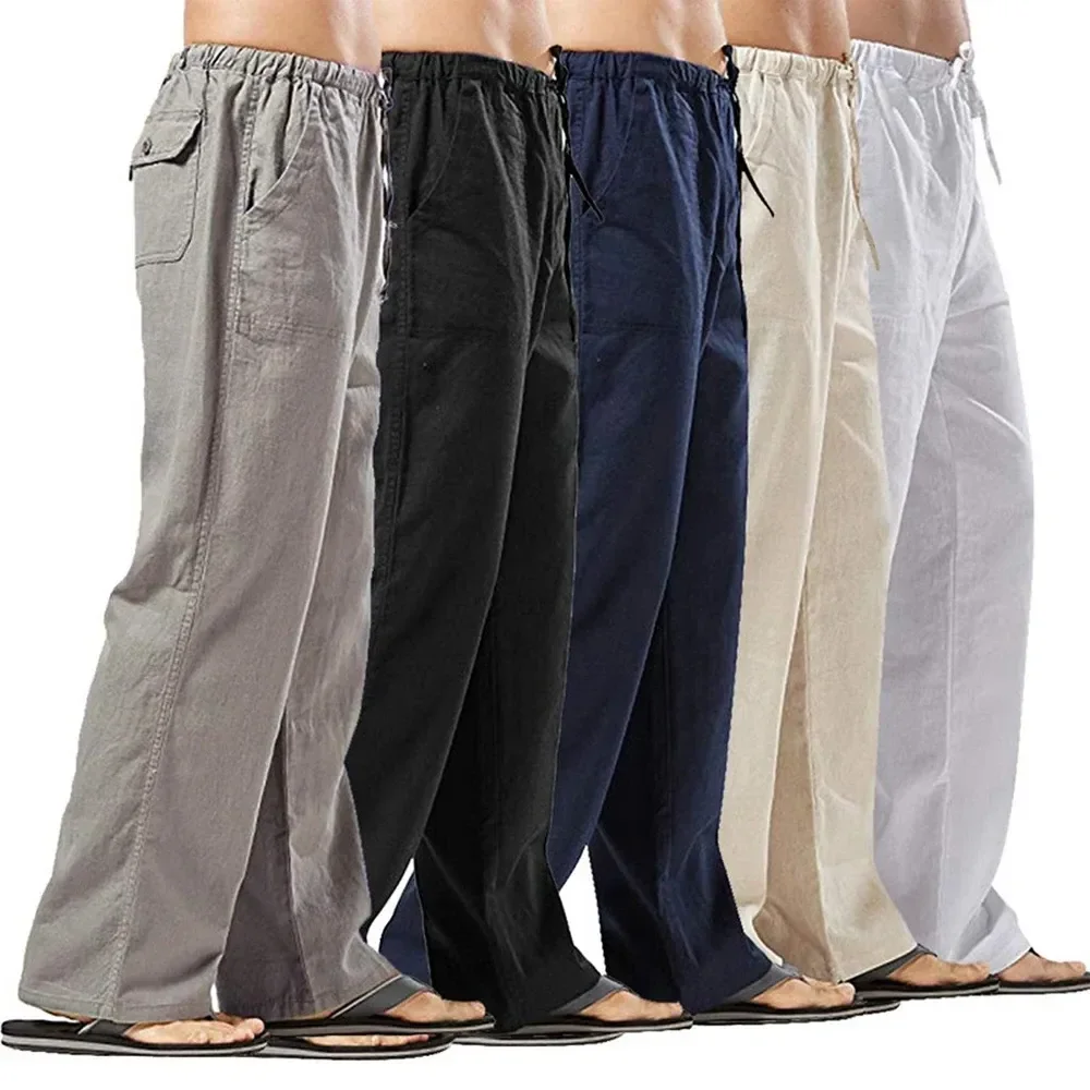 Men\'s Cotton Linen Pants Multiple Pockets Linen Breathable Pants Elastic Waist Fitness Joggers Trousers Casual Loose Sweatpants