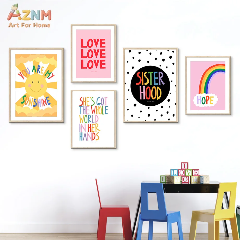 AZNM Unframed Colorful Inspirational Quote Canvas Wall Art, Cute Kids Room Motivational Print, Positive Affirmation Sisterhood S