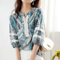 2023 Vintage Folk Printed Chiffon Shirt Women's Clothing Casual Half Sleeve Summer Elegant V-Neck Lace Patchwork Loose Blouse