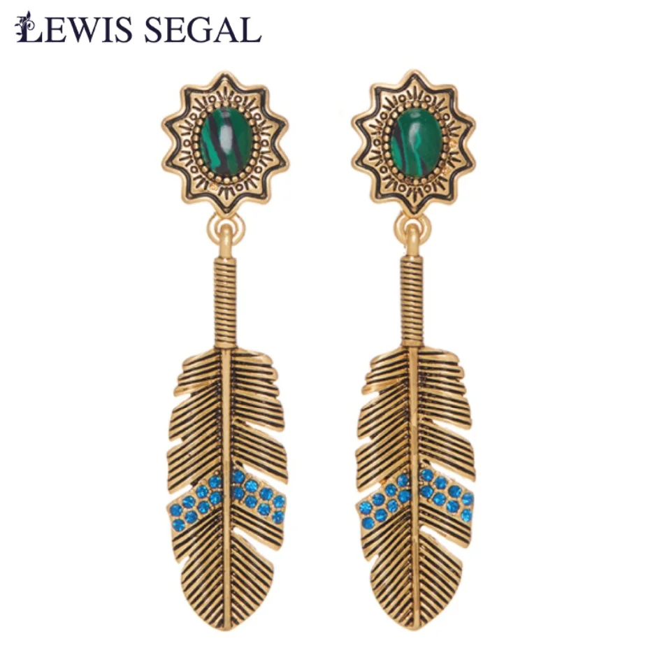 

LEWIS SEGAL Luxury Vintage Leaf/Feather Inlaid Turquoise Drop Earring for Women Statement Fine Jewelry 18K Gold Party Wedding