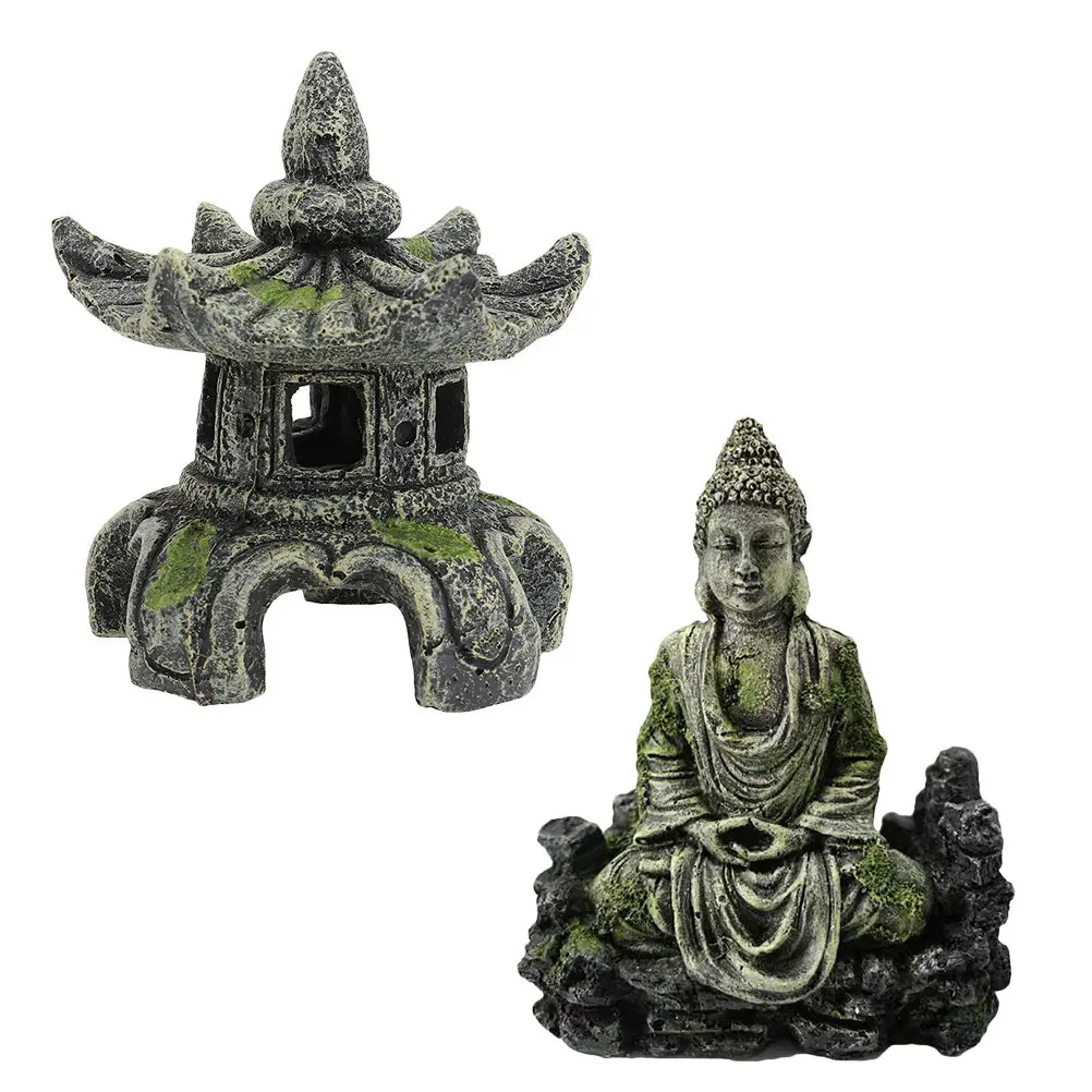 2Pcs Resin Buddha Sitting Statue Aquarium Ornament Fish Tank Decoration Landscape Craft Simulation Lighthouse Sculpture