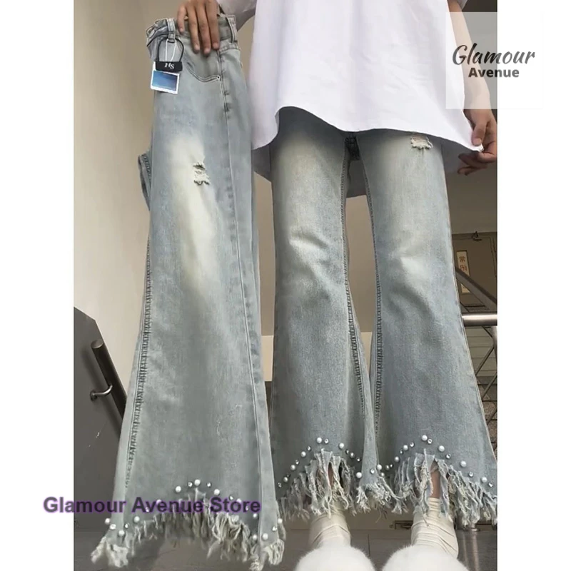 

French pearl fringe worn-out jeans for women's summer, new fashionable straight leg slimming pants with nine inch wide legs