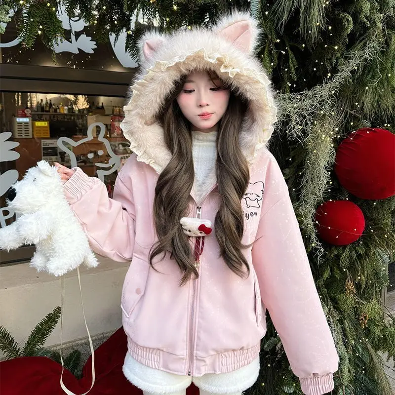 

Japanese Sweet Cute Winter Jacket Women Thick Padded Faux Fur Collar Coat Warm Outerwear Kawaii Korean Fashion Popular Clothes