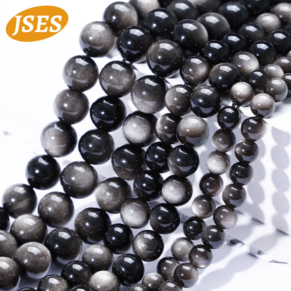 

JSES Natural Silver Obsidian 6 8 10mm Sooth Round Beads for Jewelry Making DIY 15'' Strand