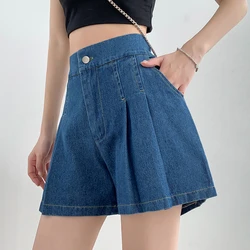 Calça jeans larga de cintura alta feminina, elástico na cintura grande, shorts jeans plissados azuis, saia de bolso, roupas casuais, nova