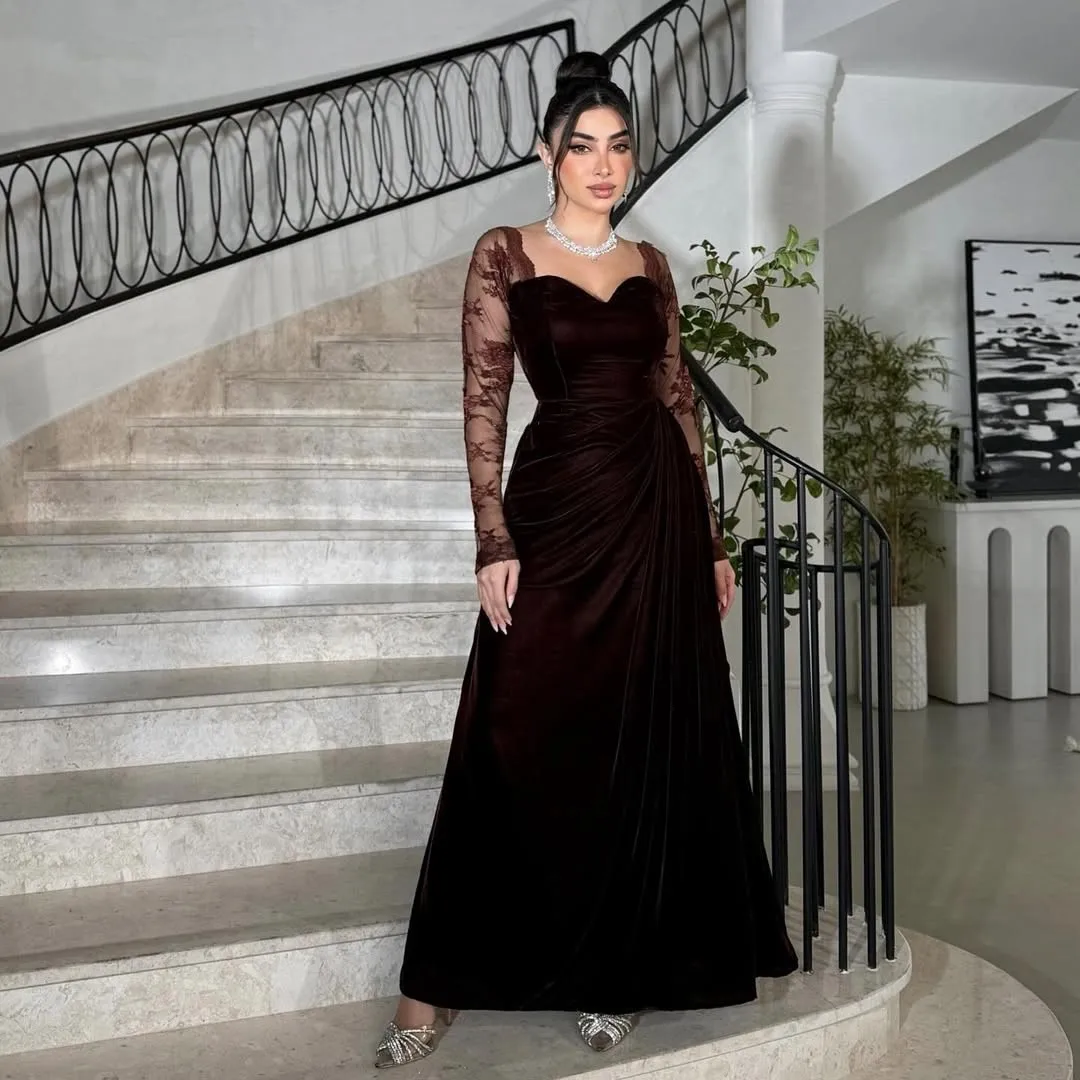 

Customized Long Sleeves Evening Dresses Sweetheart Pleated Lace Prom Dresses Floor Length Vestidos De Noches Party Gowns
