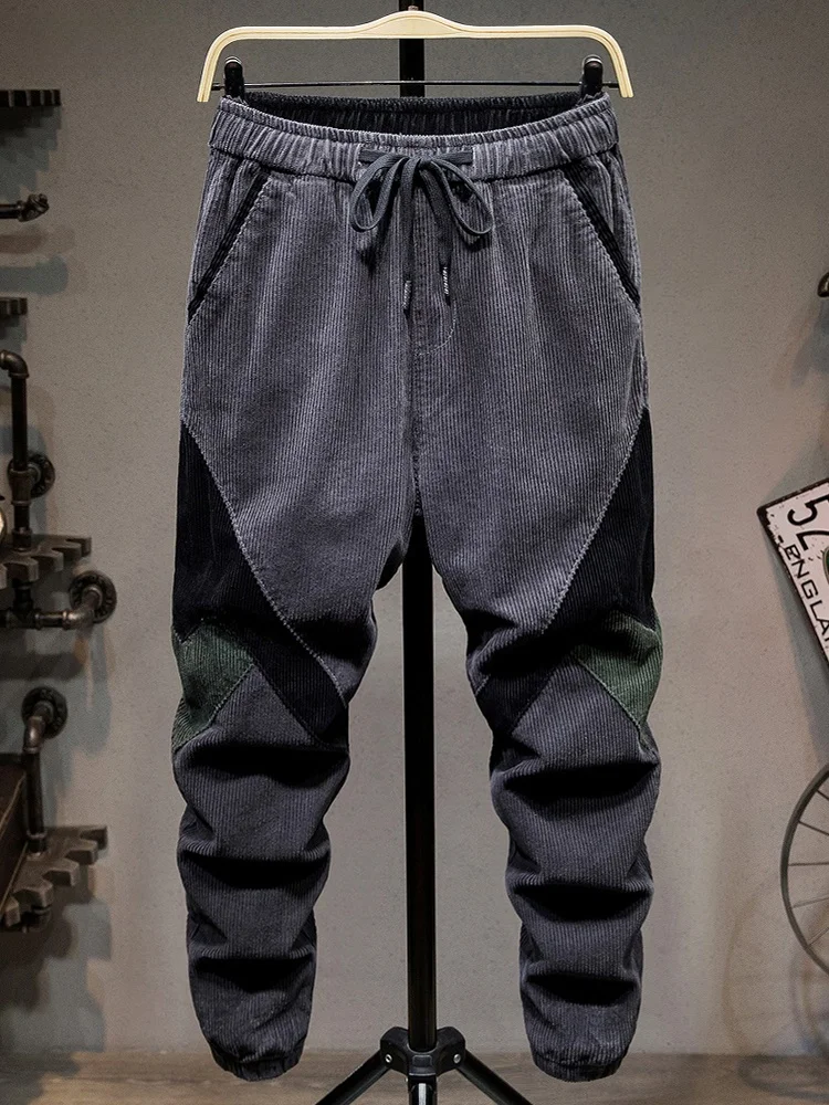 

Мужские вельветовые повседневные брюки на весну-осень, свободные, эластичные, больших размеров, с манжетами, модные, в стиле пэчворк, длинные, в стиле Харадзюку
