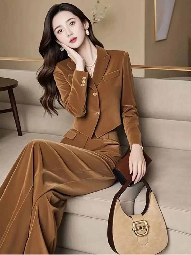 Setelan Jas Pendek Fashion Korea Musim Gugur Berkualitas Tinggi dengan Celana Kaki Lebar Pinggang Tinggi Warna Solid untuk Wanita