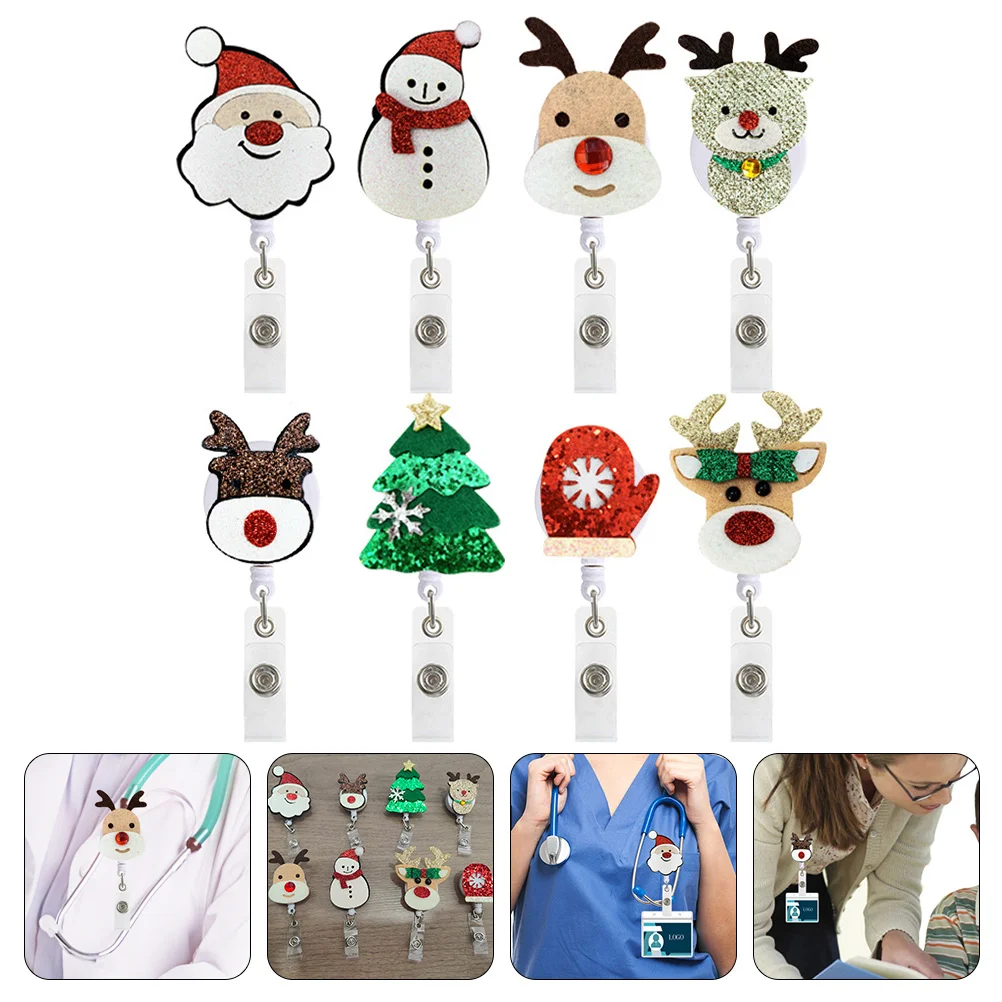 8 Pcs Christmas Easy Pull Button Nurse Retractable Badge Reel Holder Metal Reindeer Reels