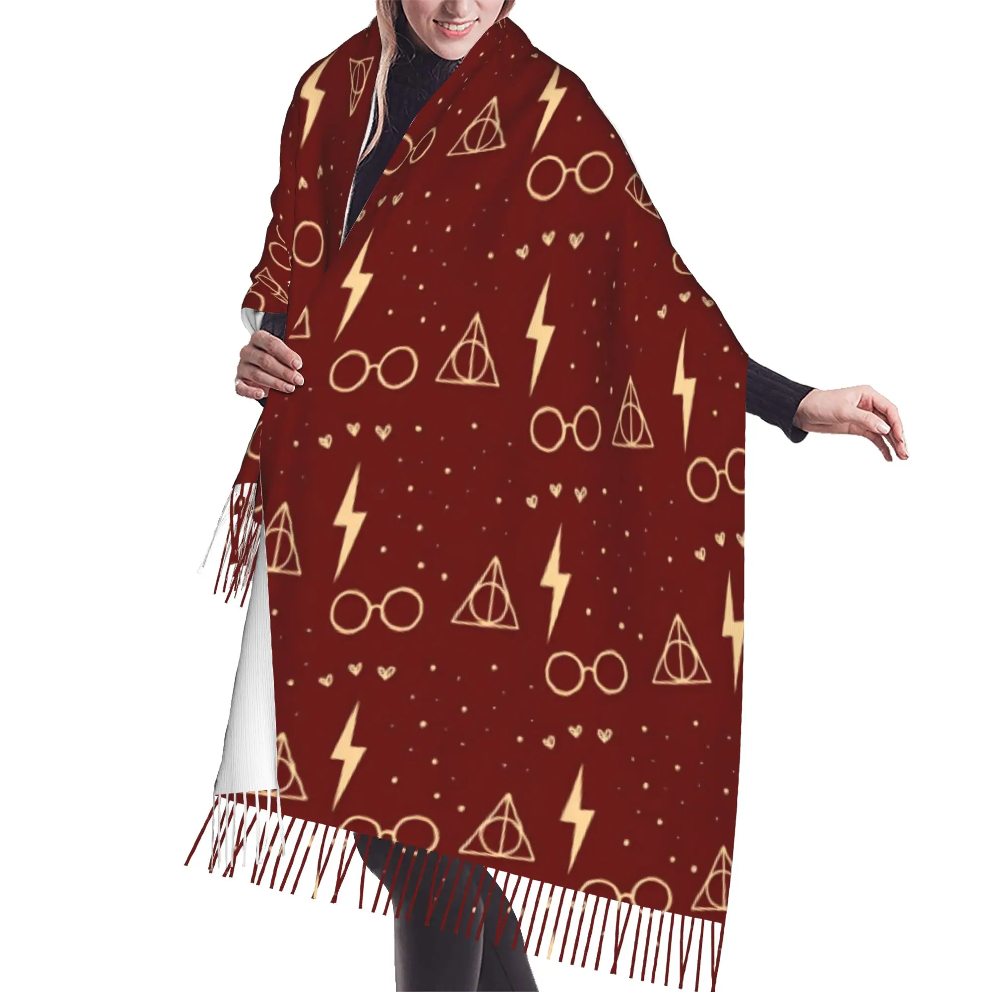 Custom Female Large Halloween H-Harryed Scarves Women Winter Soft Warm Tassel Shawl Wrap Magic School Spooky Scarf