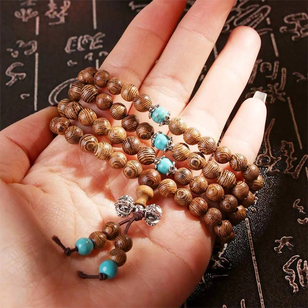 Meditation Wood 108 Rosary Tibetan Beads Turquoise Bracelet Buddhist Wenge
