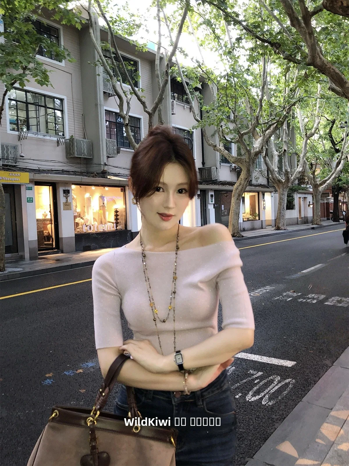 

Wild Kiwi Women's Slim Fit Knitted Top oulder Bared Five-Quarter Sve Color Commute Sle Autumn New Arrival