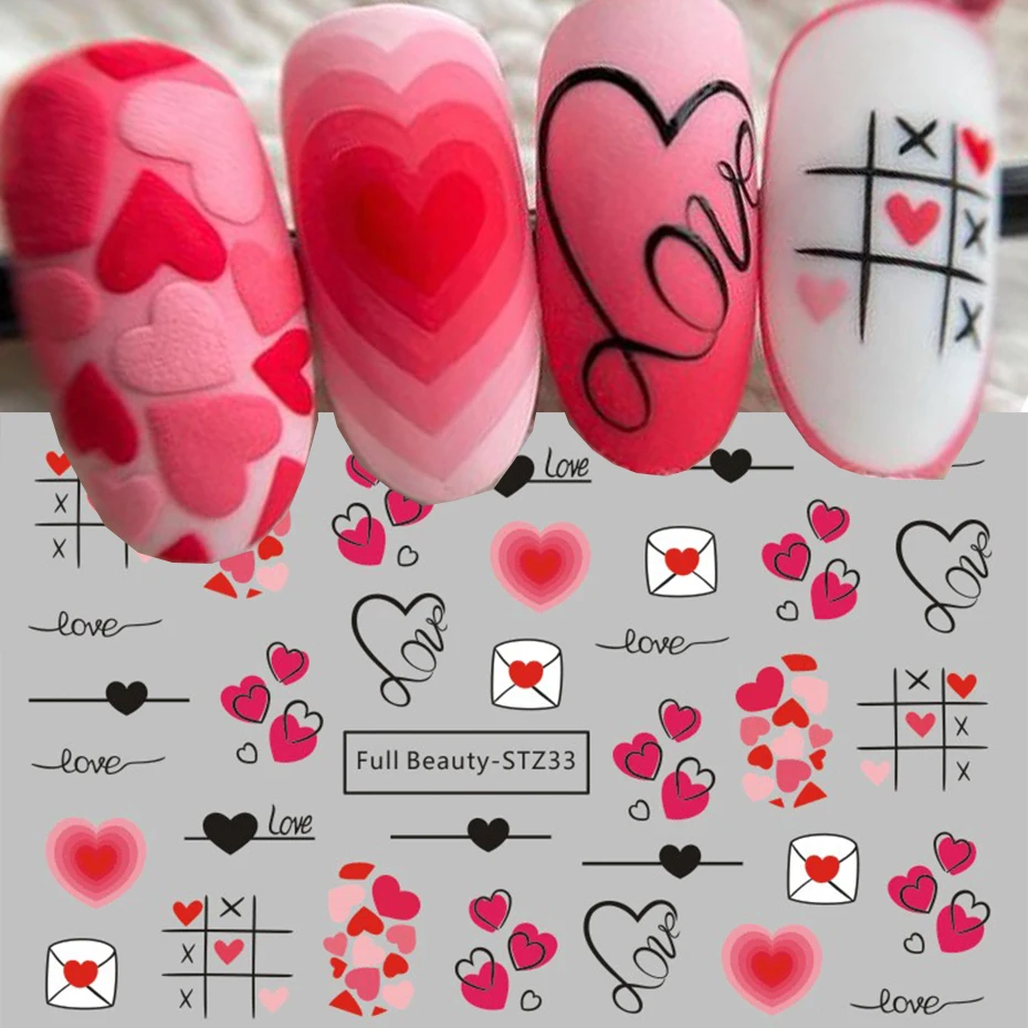 Adesivos de unhas dos namorados amor coração decoração decalques de transferência de água dos desenhos animados bonito urso slider tatuagem design folhas manicure