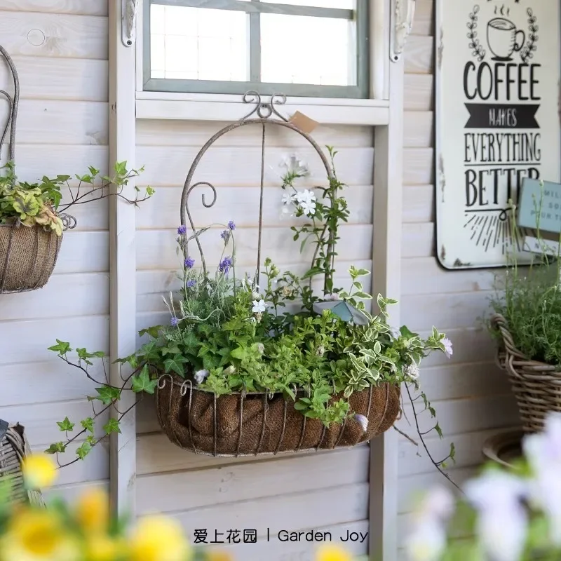 Vintage French Garden Wall Planter: Romantic Iron Scroll Half-Moon Basket in White & Green