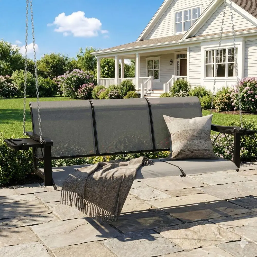 Textilene 3 Seat Porch Swing with Cup Holder, 5.3FT Patio Hanging Swing Bench, 700lbs Capacity Outdoor Porch Swing with Hanging