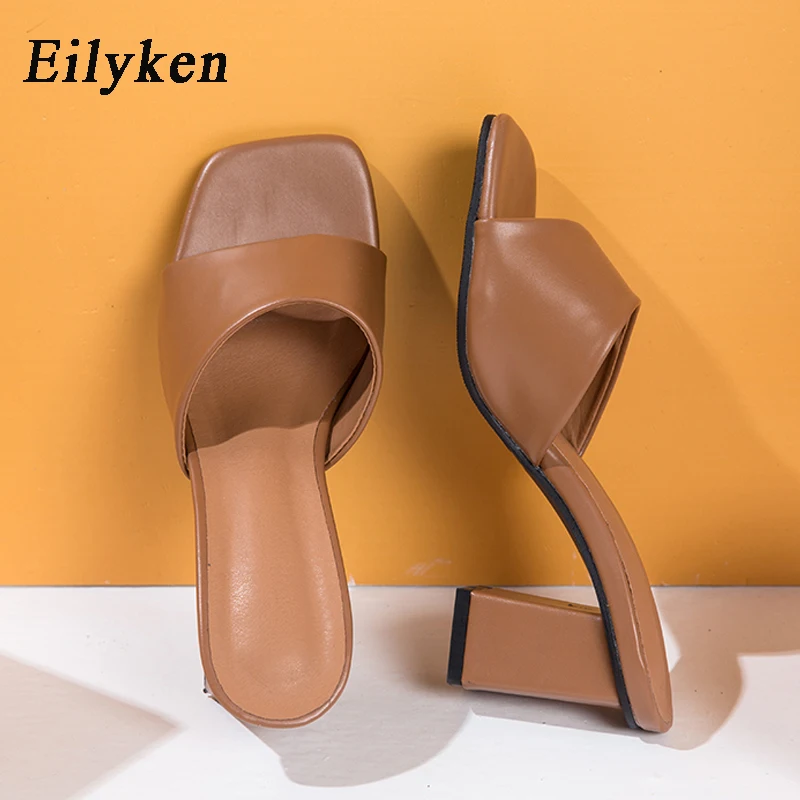 Eilyken Elegant Women Summer Street Style Shoes Cozy PU Leather Clip Toe Design Slippers Fashion Square Low Heels Sandals