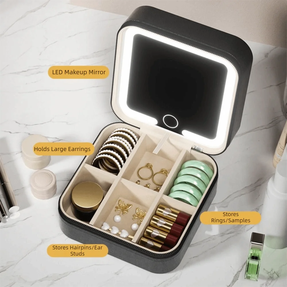 

Detachable Jewelry Box with Mirror Portable 3-Color Light Travel Jewelry Organizer Square Stepless dimming