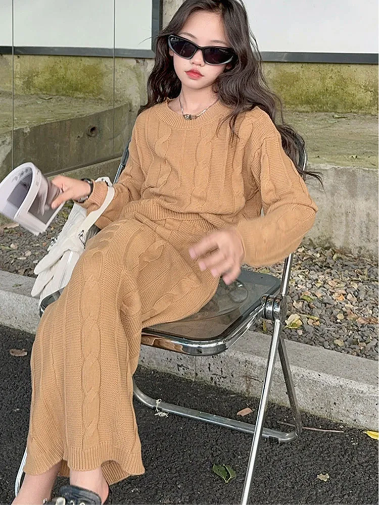 

Коричнево-серый вязаный костюм-подросток для полной школы, комплекты одежды для больших девочек, зимне-осенние наряды для девочек, свитер + юбка