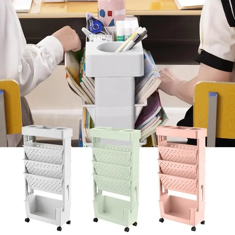 

5 Layers Rotatable Storage Organizers Rack Household Cart With Wheels Mobile Rack Trolley Bookshelf Movable Bookshelf Cart