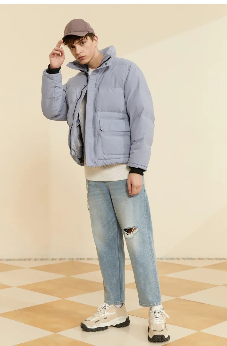 

Men's ort Puffer Jaet Autumn Winter Thiened Waterproof Cold-resistant Warm Cotton Coat Sli Stand Collar Bread Sle