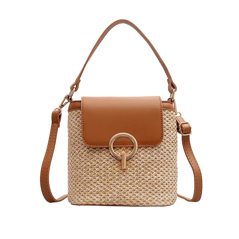 Small Straw Bucket Bags for Women Summer Crossbody Bags Lady Travel Purses and Handbags Female Shoulder Simple Bag Brown