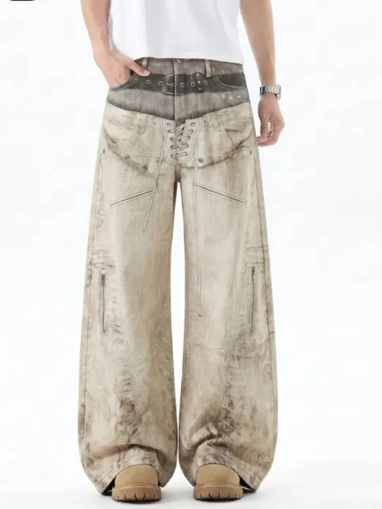Integrated Belt 3D Printed Waistband Strap Men's Wide Leg Jeans Loose Straight Leg Design Casual New Denim Pants KHQG