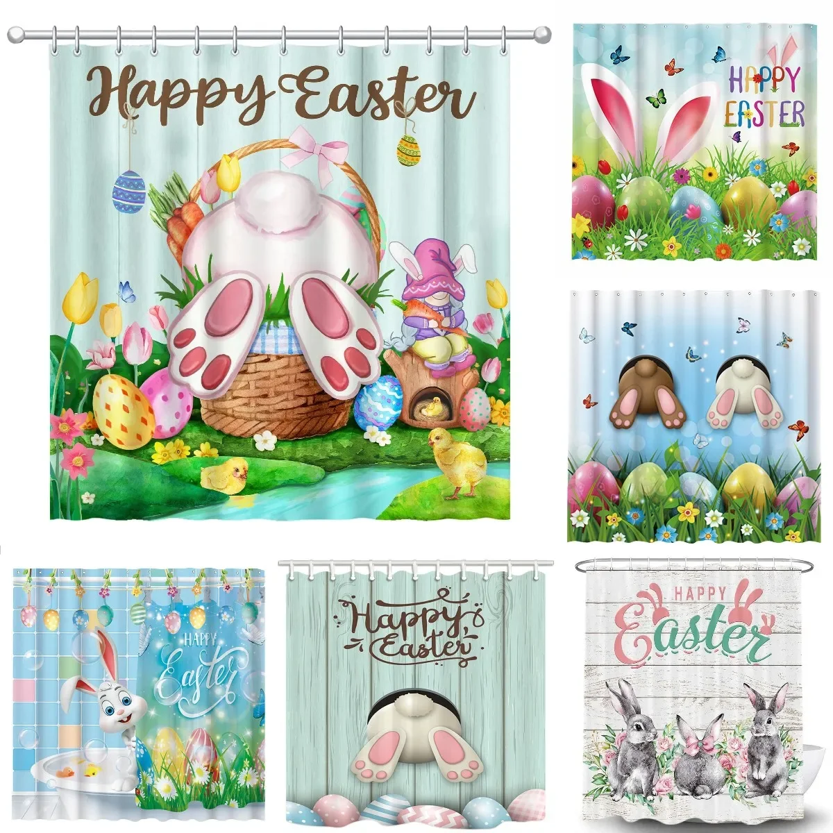 Easter Bunny Shower Curtain Eggs Grassland Funny Rabbit Home Bathtubs Bathroom Curtain Decoration Set Hooks Washable Fabric