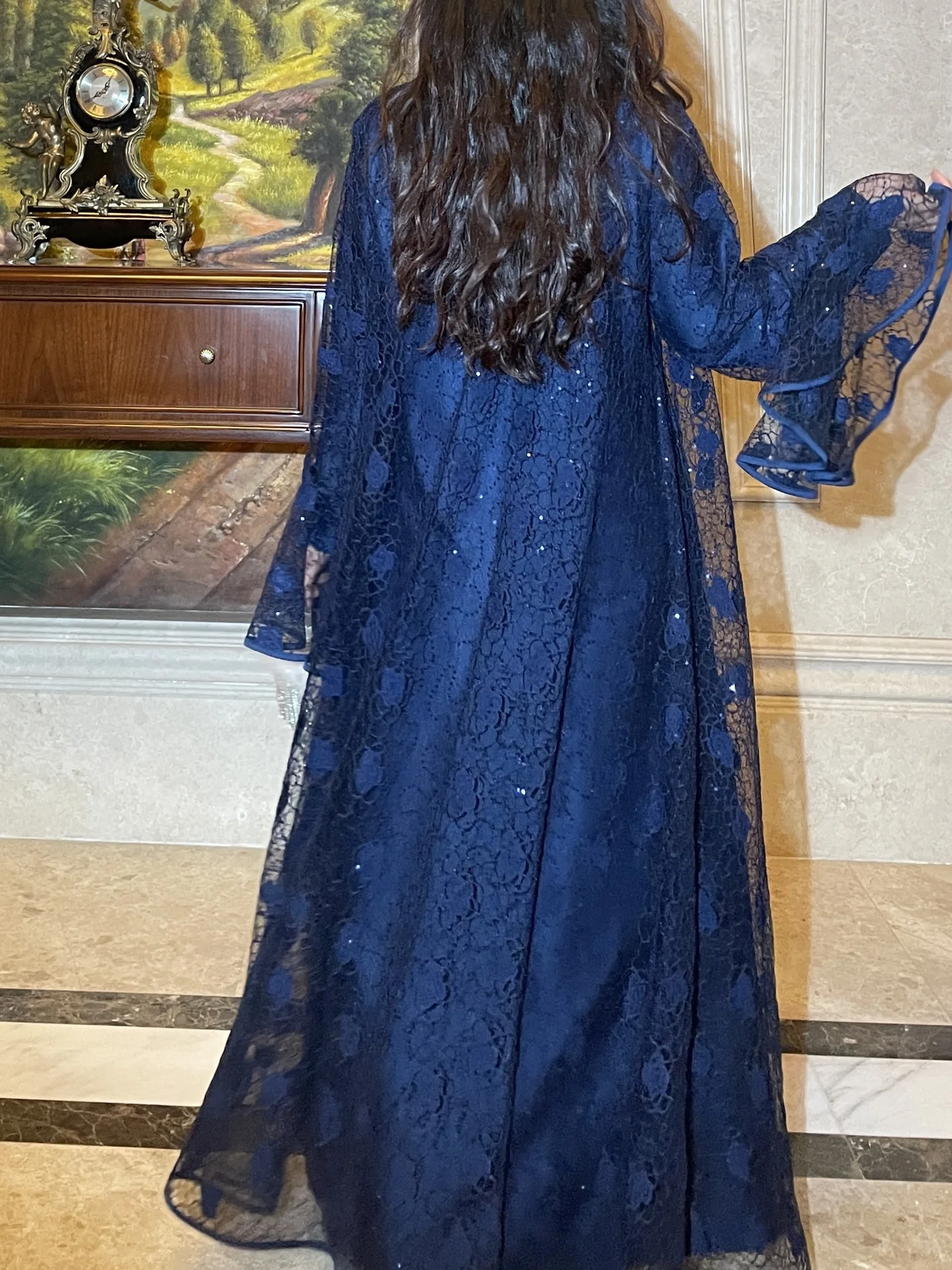 Abito Abaya da donna musulmana Set da 2 pezzi Manica svasata Pizzo con paillettes Raso Abito caftano marocchino Musulman Ensembles Abiti da cadigan
