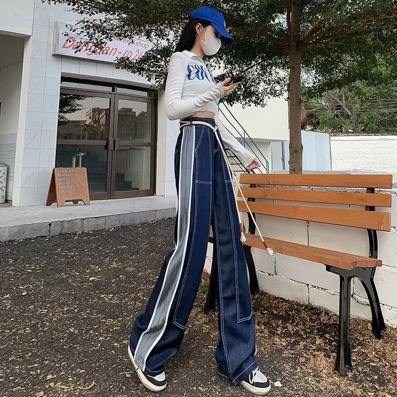 

Jean Pants American High Street Straight Leg Jeans Women Autumn Retro Design Sense Patchwork High Waist Mop Wide Leg Pants Tide