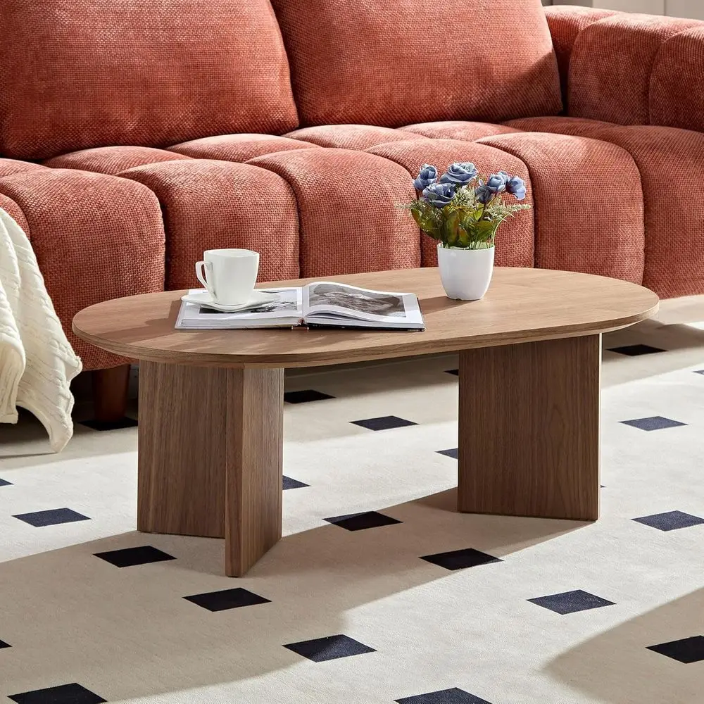 

Modern Walnut Oval Coffee Table, Sturdy Pedestal Base, Ideal for Living Room & Apartments