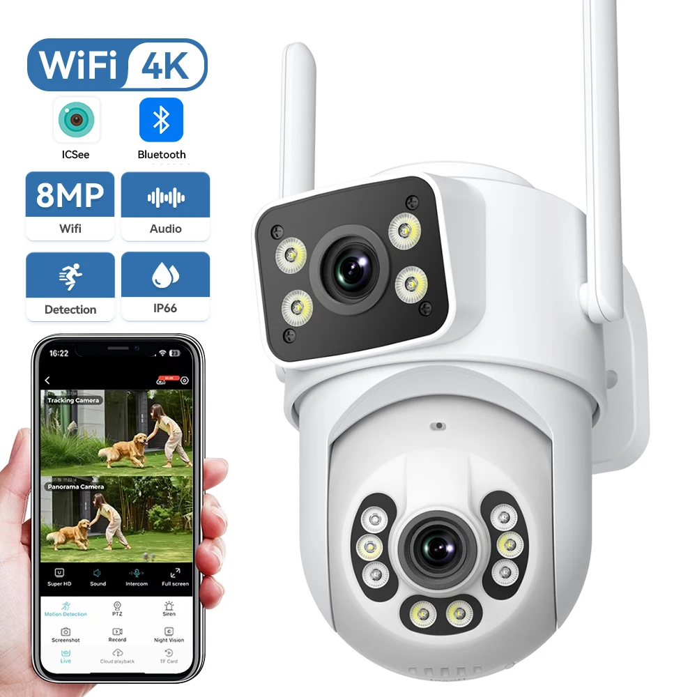 

4K 8MP PTZ WiFi Surveillance Camera AI Human Detection Dual Screen Wireless Outdoor IP66 Waterproof CCTV Security P2P iCSee APP
