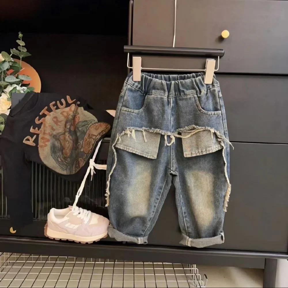 Boys Pants Broken Hole with Pocket Kids Jeans Casual Loose Boys Straight Pants Retro Denim Girl Clothes Pants Wide Leg Jeans